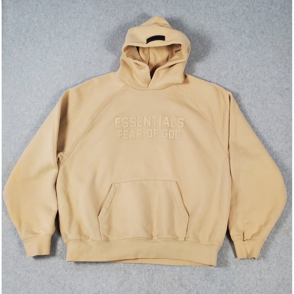 Fear of God Essentials Hoodie Mens Size Large Tan Beige Embossed Logo Pullover